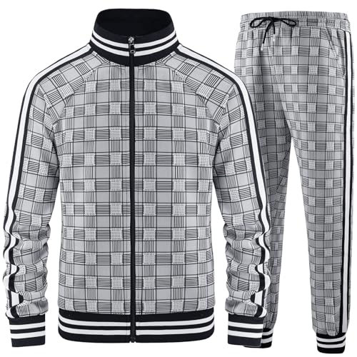 Aiozowa Track Suits for Men Set Plaid Jogging Tracksuit Mens 2 Piece Sweatsuits Jogger Sweat Suits Two Piece Sport Leisure Clothes Outfits Black White KEW-KE05-M