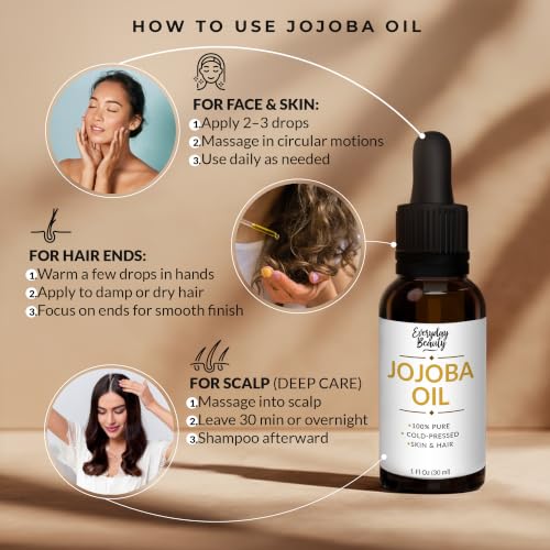 Jojoba Oil - 100% Pure, Cold Pressed, All Natural Carrier Oil for Face, Skin, Hair, Nails, Massage & DIY Beauty, Glass Bottle & Dropper 1 Fl Oz