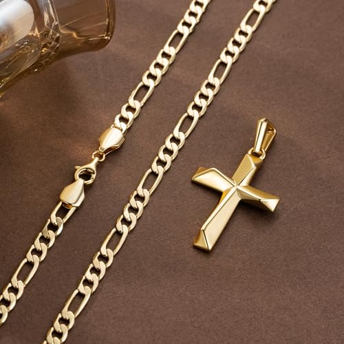 GLOSOLE Cross Necklace 14K Gold Cross Necklace for Men 24in