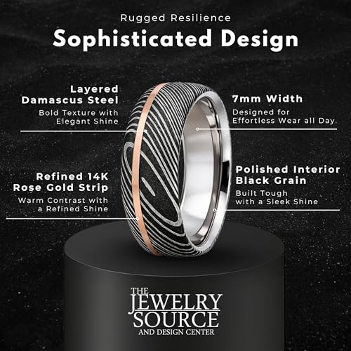 The Jewelry Source 7mm Damascus Steel Mens Ring with 14K Rose Gold Inlay – Comfort Fit Wedding Band – Textured Etched Grain Finish (8.75)