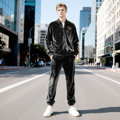 Heyfanee Mens Track Suits 2 Piece Set Velour Black Jogging Suits for Men Winter Slim Fit Sweatsuit L