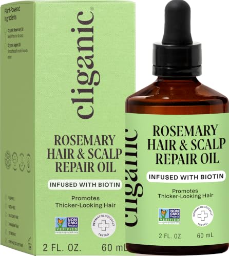 Cliganic Rosemary Oil for Hair & Scalp - Biotin & Jojoba Infused Repair Serum to Smooth & Soften Frizzy, Dry, Damaged Hair, Split Ends. Promote Fuller-Looking Hair, 2 Fl Oz