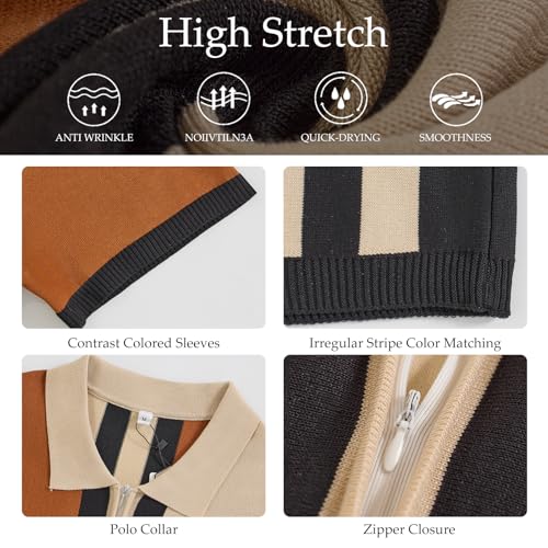 Men's Fashion Knit Polo Shirts Vintage Striped Knitting Shirts Ribbed Slim Fit Golf Shirts Deep Apricot
