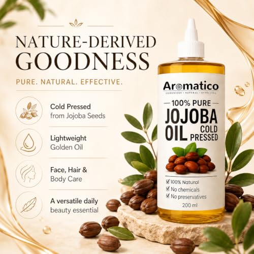 Aromatico Cold Pressed Jojoba Oil – 7 Fl Oz | Natural Hair, Face & Body Oil – Lightweight Moisturizing Carrier Oil for Dry Scalp, Skin Care, Beard, Cuticles & Massage