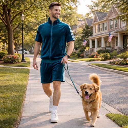 SAMDIPLUS Mens Velour Tracksuit 2 Piece Outfit Short Sleeve Full Zip Jacket and Shorts Set Summer Casual Loungewear