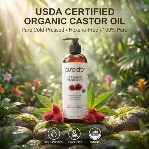 PURA D'OR ORGANIC Castor Oil (16 Oz) Pure Cold-Pressed Hexane-Free USDA Certified