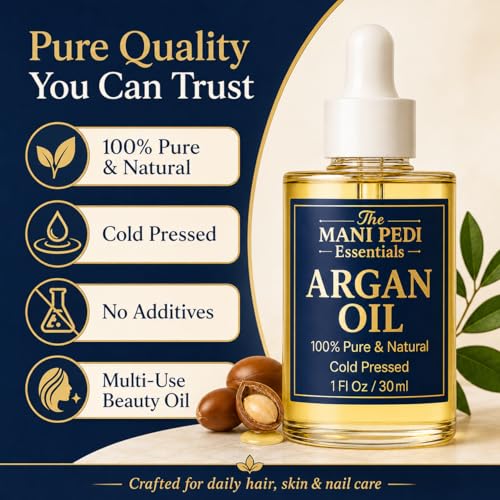 The Mani Pedi Essentials TMPE Argan Oil, Cold Pressed Hair and Skin Oil for Dry Hair, Face and Body Moisturizer, 1 Fl Oz