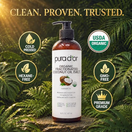 PURA D'OR Fractionated Coconut MCT Oil USDA ORGANIC Skin Hair 16oz