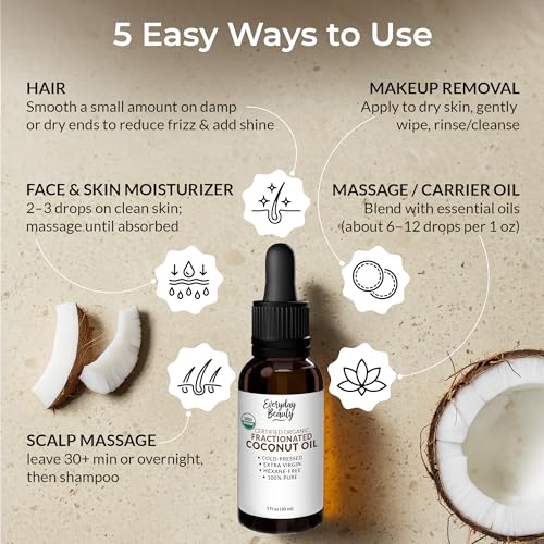 Organic Fractionated Coconut Oil | 100% Pure, Cold-Pressed | USDA Certified Organic | Amber Glass Bottle with Glass Dropper | For Face, Skin, & Hair - 1 Fl Oz