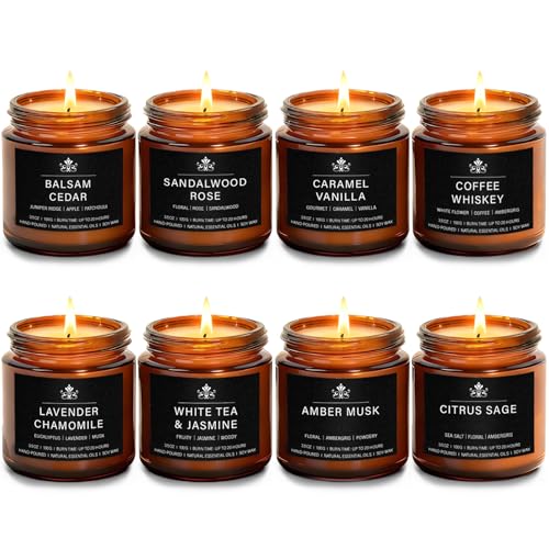8 Pack Soy Wax Scented Candles Gift Set, Aromatherapy Candles with Lavender Chamomile, Citrus Sage, Caramel Vanilla, Coffee Whiskey, Long Lasting Stress Relief Candle, Unisex Home & Gift Set for Men