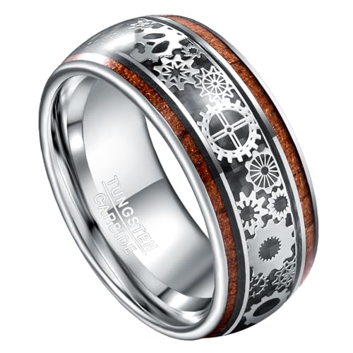 10mm Silver Tungsten Rings for Men Steampunk Gear & Wood Inlay Size 14