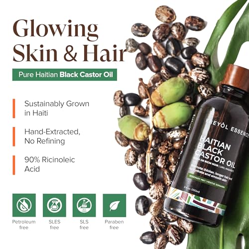 Kreyol Essence - Haitian Black Castor Oil for Skin and Hair, Glass Bottle - Cold Pressed Castor Oil, Fuller-Looking Hair, Hexane Free, Natural Humectant | 3.4 Fl Oz | Rosemary Peppermint