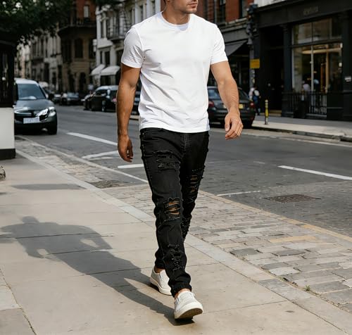 Men's Ripped Skinny Stretch Distressed Destroyed Slim Jeans Denim Pants Black 32