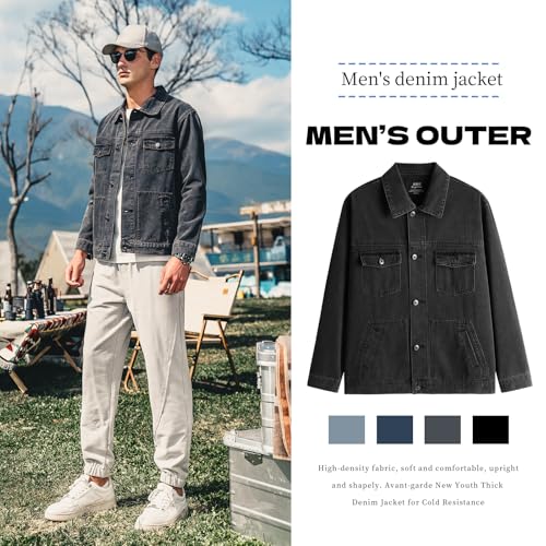 ZVX Denim Jacket for Men Vintage Autumn and Winter Tops Men Lightweight Denim Jacket Dark Gray X-Large