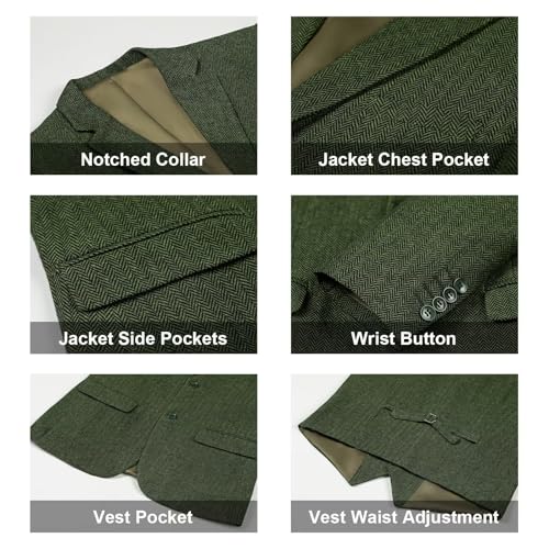 Retro 3 Piece Suit Tweed Herringbone Men's Suits Slim Fit Groom Tuxedos Set Prom Brown Grey Jacket Blazer Vest Pants Green L