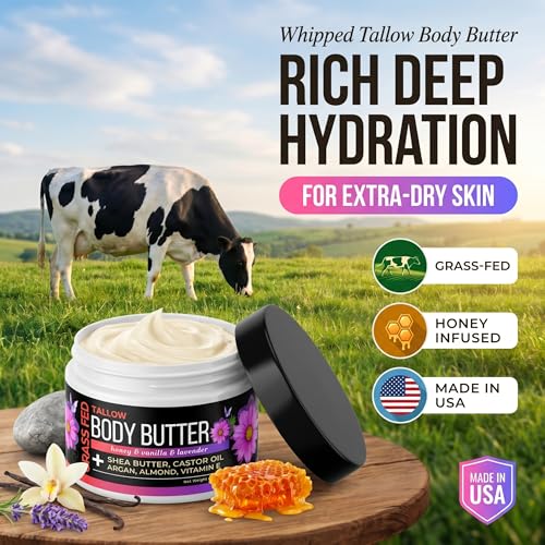 SELFWISE Beef Tallow Body Butter Cream - Grass-Fed Whipped Balm with Honey, Shea Butter, Castor Oil & Calendula - Non-Greasy, Long Lasting Hydration - for Extra Dry and Sensitive Skin.