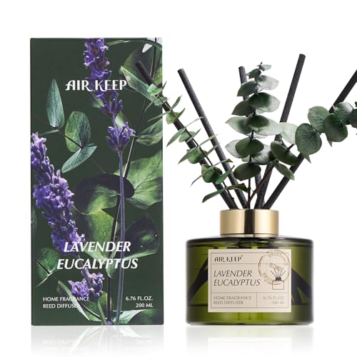 Airkeep Reed Diffuser Set with 6.76 fl oz Lavender Eucalyptus Scent Essential Oils and 3 Leaves & 8 Diffuser Sticks,Bathroom Shelf Decor & Air Freshener, House Bedroom Office Decor & Gifts