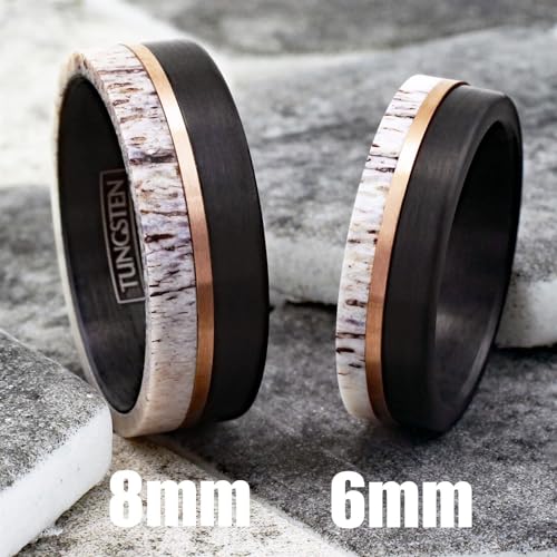 King's Cross Exquisite 8mm Brushed Finish Black Tungsten Carbide Flat Band Ring with Rose Gold Stripe and Raw Speckled White Deer Antler Inlay. (Tungsten (8mm), 11) White/Wood/Horn/Antler/Brown/Tan