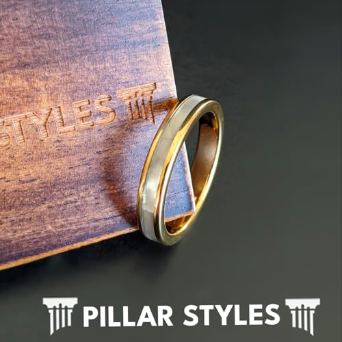 Thin 14K Gold Mother of Pearl Rings for Men Wedding Bands Tungsten Ring with Pearl Inlay 4mm Unique Yellow Gold Engagement Bands for Women Tropical Anniversary Gifts for Couples