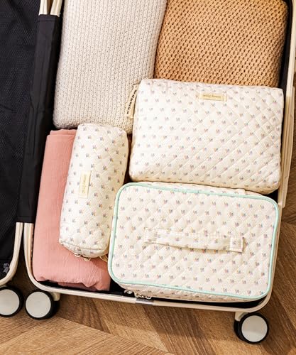 HBselect Quilted Makeup Bag, 3Pcs Cotton Large Travel Makeup Bags Organizer