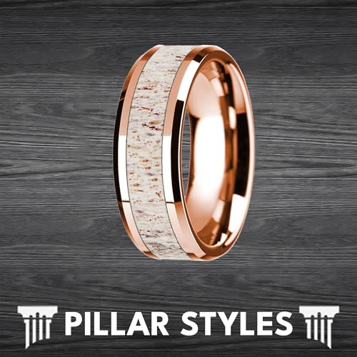 Deer Antler Ring 14K Rose Gold Mens Wedding Band Tungsten Rings for Men with Antler Inlay and Beveled Edges 8mm Rustic Elk Stag Anniversary Gifts for Him