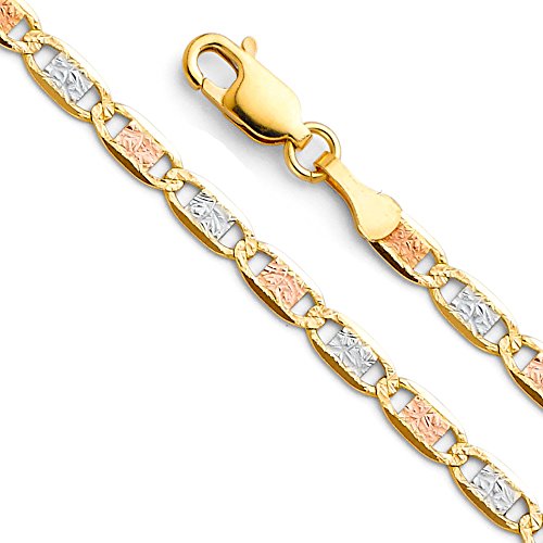 14k REAL Tri Color Gold Solid Men's 4mm Diamond Cut Chain Bracelet with Lobster Claw Clasp - 7.5"