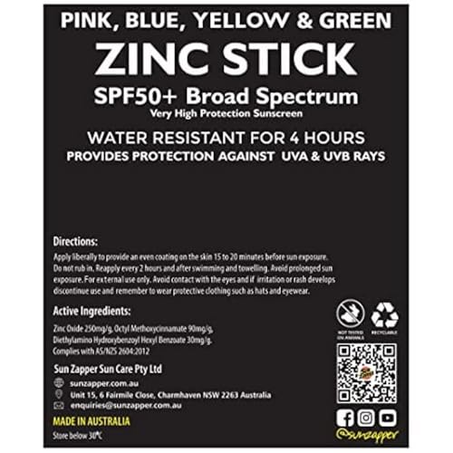 Sun Zapper Zinc Oxide Mineral Sunscreen Stick – SPF 50+ Water Resistant – 4-Pack (Pink, Blue, Green, Yellow) Rainbow Pack – For Face & Body – Made in Australia