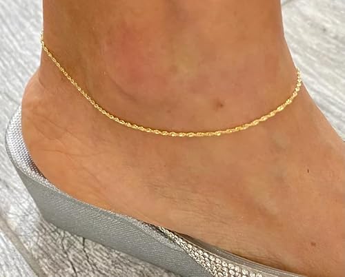Solid 10K Yellow Gold 1.1mm Singapore Chain Anklet Bracelet, Dainty Ankle Bracelet for Women (9 inches)
