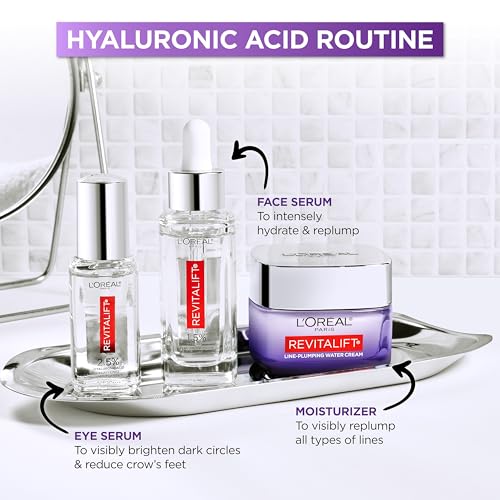 L'Oreal Paris Revitalift Hyaluronic Acid + Caffeine Hydrating Eye Serum for Dark Circles, Fragrance Free .67 fl. oz + Moisturizer Sample
