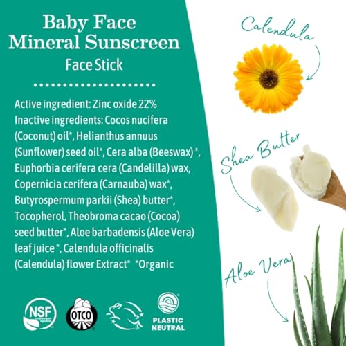 Earth Mama Baby Face Mineral Sunscreen Stick SPF 40-0.74 oz - Non-Nano Zinc - Broad Spectrum Sunscreen for Babies, Kids & Family - Water Resistant Sun Protection