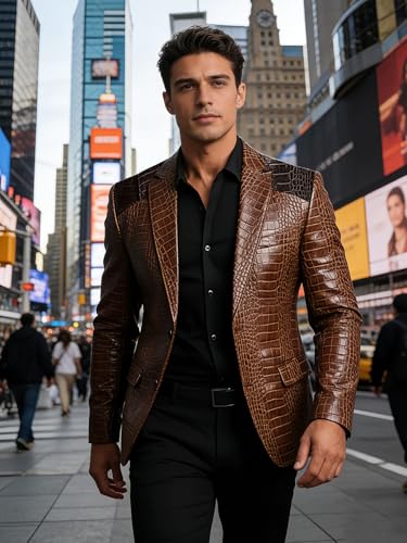 Men's Faux Leather Blazer Crocodile Embossed Jacket Genuine Alligator Crocodile Print Leather Sports Coat Black