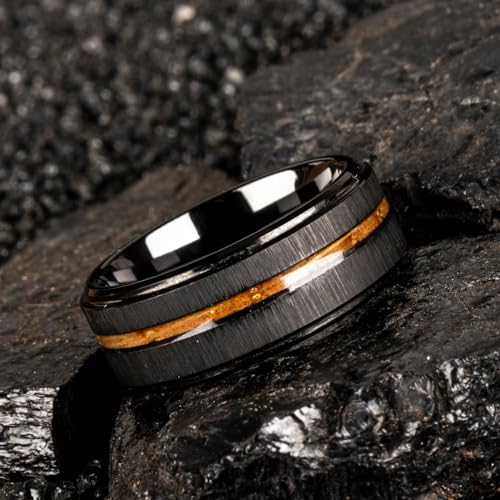 JEWPER 8mm Men Womens Wedding Band Tungsten Rings Black Fashion Promise Carbide Inlaid whiskey barrel wood Outer ring step edge sanding Matte Finish Edge Comfort Fit size(10)
