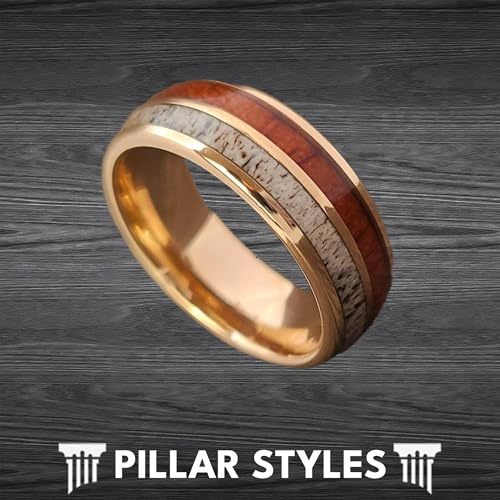 18K Rose Gold Deer Antler and Koa Wood Rings for Men Wedding Band Tungsten Rings with Wooden Inlay 8mm Elk Stag Rustic Anniversary Gifts for Him