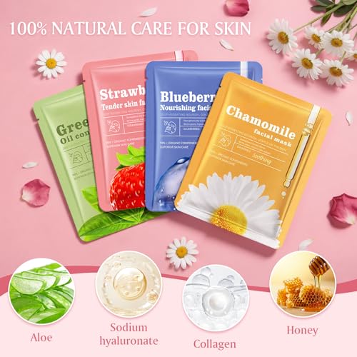 Aottom 30pcs Face Masks Skincare, Bulk Facial Masks for Women Skin Care, Sheet Masks with Natural Ingredients, Gifts Set for Face Spa, Birthday Party Spa Gift