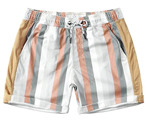 JOTOOK Men's Casual Drawstring Corduroy Shorts Elastic Waist Summer Shorts with Pocket Printed Short Medium Grey White Stripe