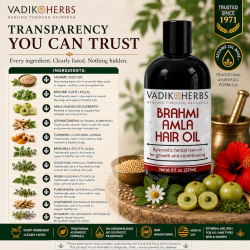 Vadik Herbs Brahmi Amla Hair Oil (8 oz) Ayurvedic herbal hair growth oil and hair conditioning oil with Rosemary Oil | Great for hair loss, balding, thinning, for beard growth,scalp treatment