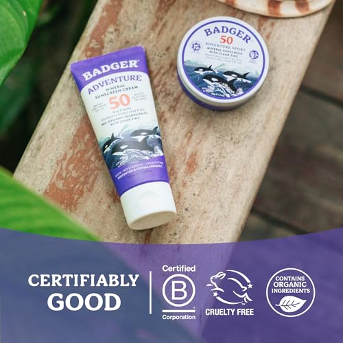 Badger Reef Safe Mineral Sunscreen, SPF 50, 98% Organic with Zinc Oxide, Non Toxic, Water Resistant, Unscented & Hypoallergenic, Broad - Spectrum, For Adventure & Sport, 2.9 fl oz