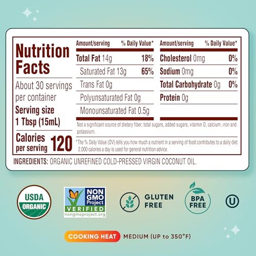 Nutiva Organic, Cold-Pressed, Unrefined, Virgin Coconut Oil from Fresh, non-GMO, Sustainably Farmed Coconuts, 15-ounce