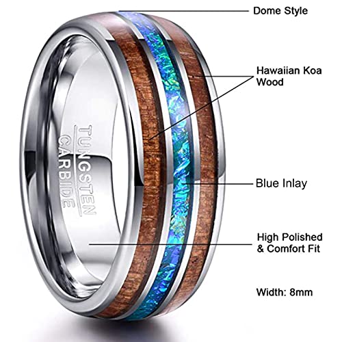 Vakki Mens Silver Tungsten Wedding Band, Blue Opal Inlay, 8mm Size 10
