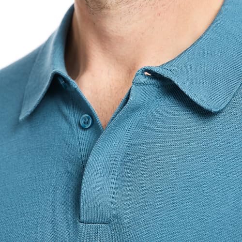 SAKS Fifth Avenue Men's Short Sleeve Rib Knit Sweater Polo, Premium Cotton Blend Knit Top, Classic-Fit & Richly Detailed, Teal, M