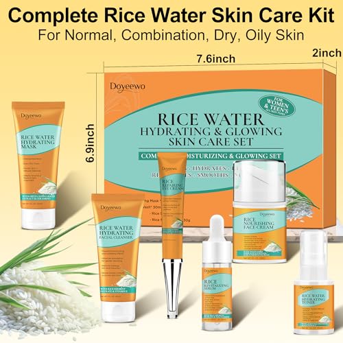Skin Care Set w/Korean Rice Extract for Hydration,Glow,Repair &Radiant Skin