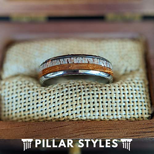 6mm Antler & Whiskey Barrel Rings for Men Tungsten Wedding Band Unique Nature Ring Deer Antler and Bourbon Barrel Wood Rings Anniversary Gifts for Him