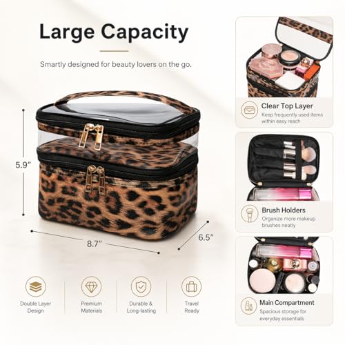 imerelez Double-layer Cosmetic Bag Makeup Bag Travel Makeup Bag Makeup Bags for Women Cosmetics Cases Portable Waterproof Foldable (Leopard)