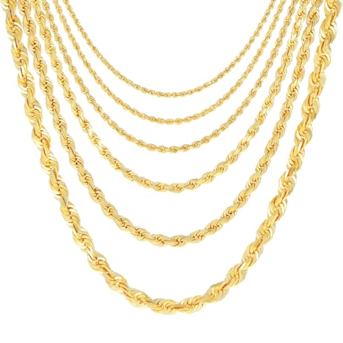 Nuragold 18K Real Yellow Gold Solid Rope Chain Diamond Cut Italian Necklace - 16",2mm