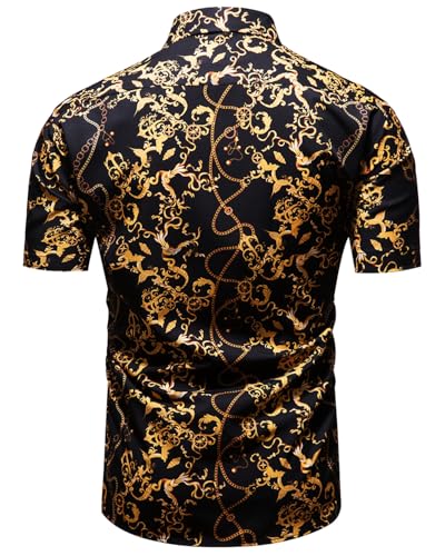 fohemr Mens Luxury Shirts Black Gold Chain Print Dress Shirt Baroque Short Sleeve Casual Button Down Design buchona Shirts 3X-Large