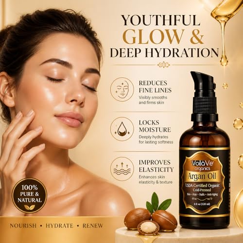 VoilaVe USDA Pure Organic Moroccan Argan Oil for Skin, Nails & Hair Growth, Anti-Aging Face Moisturizer, Cold Pressed, Hair Moisturizer, Rich in Vitamin E, As Seen On TV - 4 fl oz