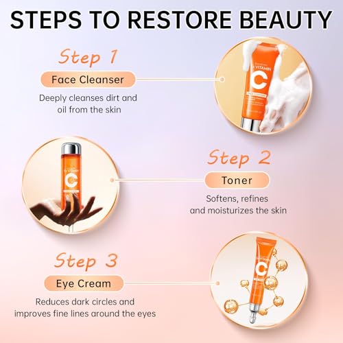 Vitamin C Skin Care Set for Women - 6PCS Skincare Gift Set With Facial Cleanser, Toner, Eye Cream, Serum, Lotion & Face Cream - Moisturizing Skin Care Kit for Anti-Wrinkle, Valentine’s Day Gift