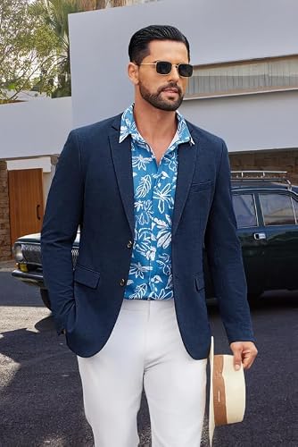 COOFANDY Men's Casual Blazer Sport Coats Lightweight Big and Tall Suit Jackets Two Button Linen Business Blazer A-Navy Blue