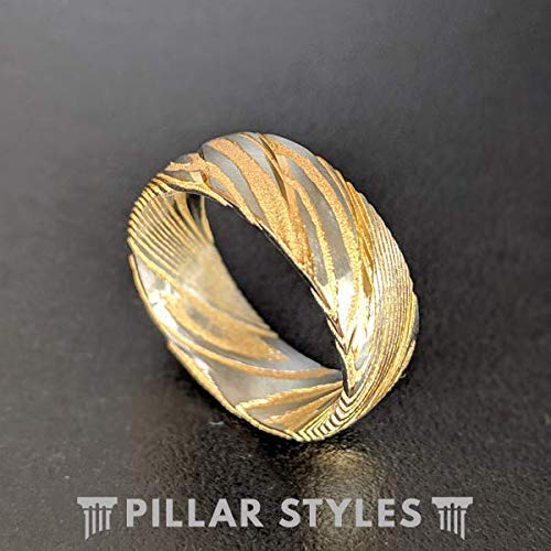 14K Gold Damascus Ring Mens Wedding Band Yellow Gold Damascus Steel Rings For Him Unique Wood Grain Pattern Comfort Fit Stainless Steel