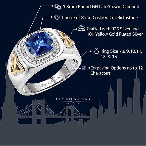 Gem Stone King Men's Customized and Personalized 8MM Cushion Cut Gemstone Birthstone and White Lab Grown Diamond Ring for Men | 925 Sterling Silver and 10K Yellow Gold | 2.76 Cttw | Size 7-13